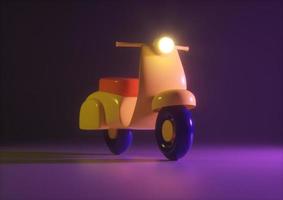 Yellow bike on a purple background with a flashlight 3d render photo