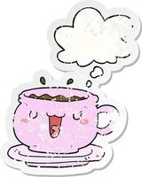 cute cartoon cup and saucer and thought bubble as a distressed worn sticker vector