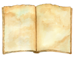 Watercolor illustration. An old open book, aged pages of a book without text, an empty place to insert png