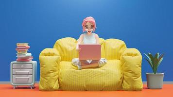 Happy young woman sitting on yellow sofa. Excited studying learning and researching information from computer. photo