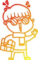 warm gradient line drawing cartoon boy with parcel waving vector