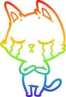 rainbow gradient line drawing crying cartoon cat vector