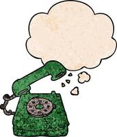 cartoon old telephone and thought bubble in grunge texture pattern style vector