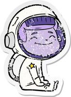 distressed sticker of a happy cartoon astronaut vector