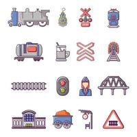 Train railroad icons set, cartoon style vector