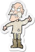 retro distressed sticker of a cartoon angry old man in patched clothing vector
