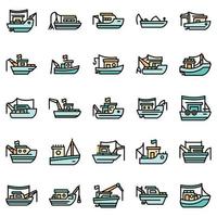 barco de pesca, iconos, conjunto, vector, plano vector