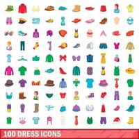 100 dress icons set, cartoon style