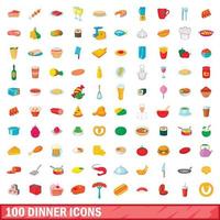 100 dinner icons set, cartoon style vector