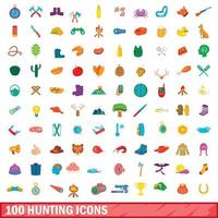 100 iconos de caza, estilo de dibujos animados vector