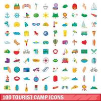 100 tourist camp icons set, cartoon style vector
