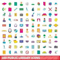 100 public library icons set, cartoon style vector