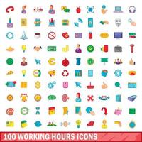 100 working hours icons set, cartoon style vector