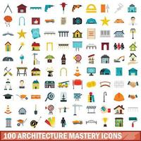 100 architecture mastery icons set, flat style vector