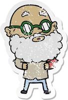 distressed sticker of a cartoon curious man with beard and glasses vector