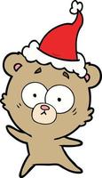 anxious bear line drawing of a wearing santa hat vector