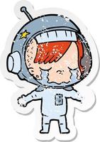 distressed sticker of a cartoon crying astronaut girl vector