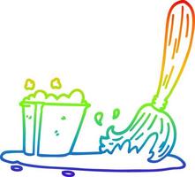 rainbow gradient line drawing cartoon bucket and mop vector