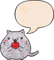 lindo gato de dibujos animados enamorado y burbuja del habla en estilo de textura retro vector