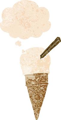 cartoon ice cream and thought bubble in retro textured style