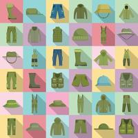 Fisherman clothes icons set, flat style