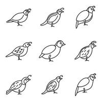 Quail bird icons set, outline style vector