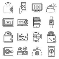 Modern digital wallet icons set, outline style vector