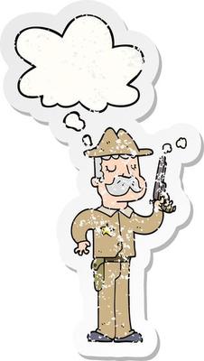cartoon sheriff and thought bubble as a distressed worn sticker
