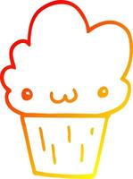 línea de gradiente cálido dibujo cupcake de dibujos animados con cara vector