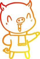 dibujo de línea de gradiente cálido cerdo de dibujos animados feliz en ropa de invierno vector