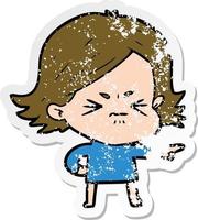 distressed sticker of a cartoon angry girl vector