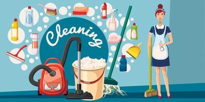 Cleaning tools banner horizontal, cartoon style vector