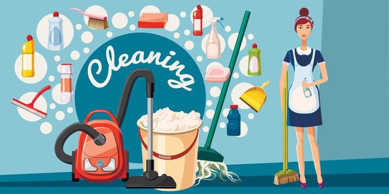 Cleaning tools banner horizontal, cartoon style