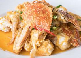 Fried crab with curry powder on the white plate. photo