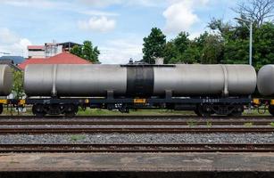 The bogie of the oil tanker in the freight train is parking in the railway yard. photo