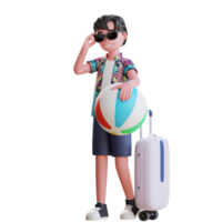 3d personagem de verão masculino vai viajar usando óculos escuros com mala e bola praia png