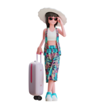 Personnage d'été 3d femme portant des lunettes de soleil et un chapeau de plage avec une valise allant en vacances png