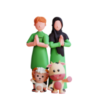 3d karakter moslim paar vieren eid al adha met geit en koe mascotte png