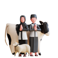 Un couple musulman de personnage 3d célèbre l'aïd al adha moubarak avec des moutons et des vaches png