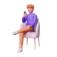 Il giovane personaggio 3d si siede e guarda lo smartphone png