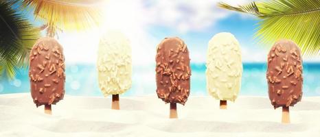 Delicious ice cream on the beach. Healthy summer food concept. photo