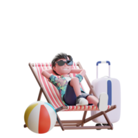 3d personaggio estivo maschio godersi la vacanza sdraiato sulla sedia a sdraio indossando occhiali da sole