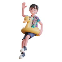 3d summer character male with flamingo buoy png