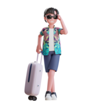 macho de personagem de verão 3d usando óculos escuros com mala indo de férias png