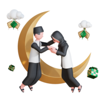 plantilla de banner de eid mubarak con personaje de pareja musulmana 3d dándose la mano png