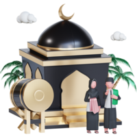 Ramadan kareem banner template with 3d muslim couple character going to mosque png