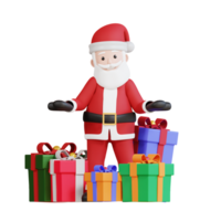 Santa claus mascot 3d character with christmas gift box png