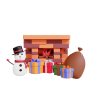 Fiesta de navidad 3d con chimenea, muñeco de nieve y caja de regalo. png