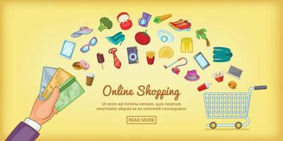 Online shopping banner horizontal, cartoon style vector