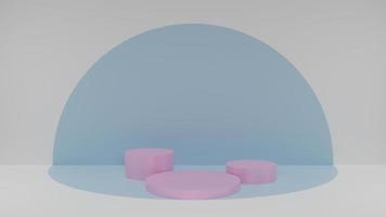 podio de pedestal rosa cilíndrico con fondo azul en semicírculo.fondo para la marca y presentación del producto.3d render ilustración foto